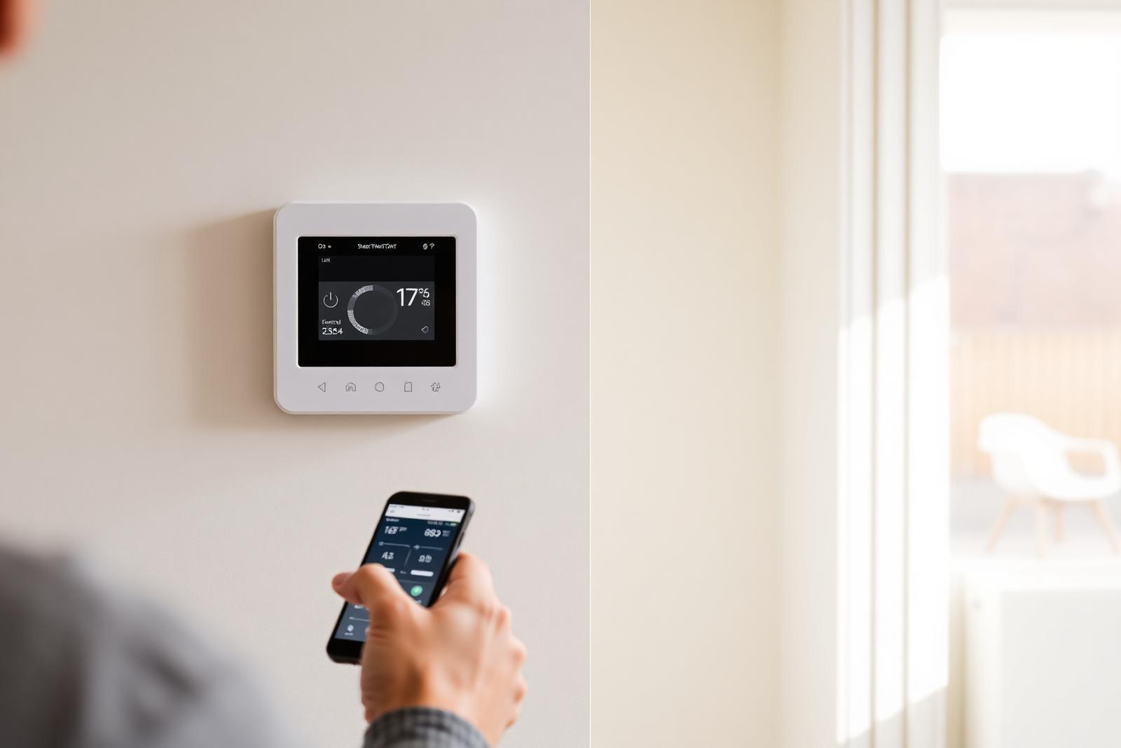 Modern white smart heating thermostat on a hallway wall in a UK home with a homeowner adjusting the heating on a phone app.