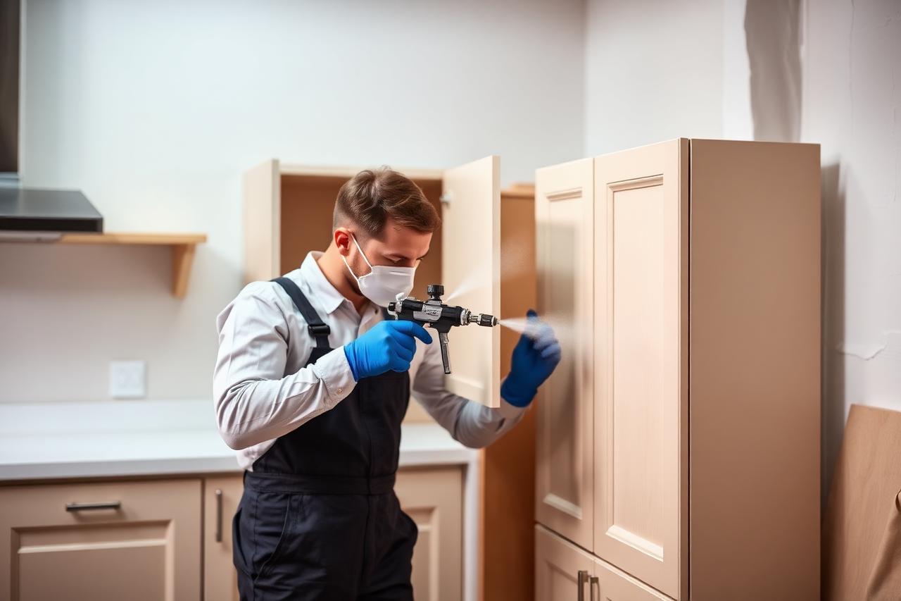 Decorator spray finishing fitted kitchen cabinet doors with an airless spray gun.