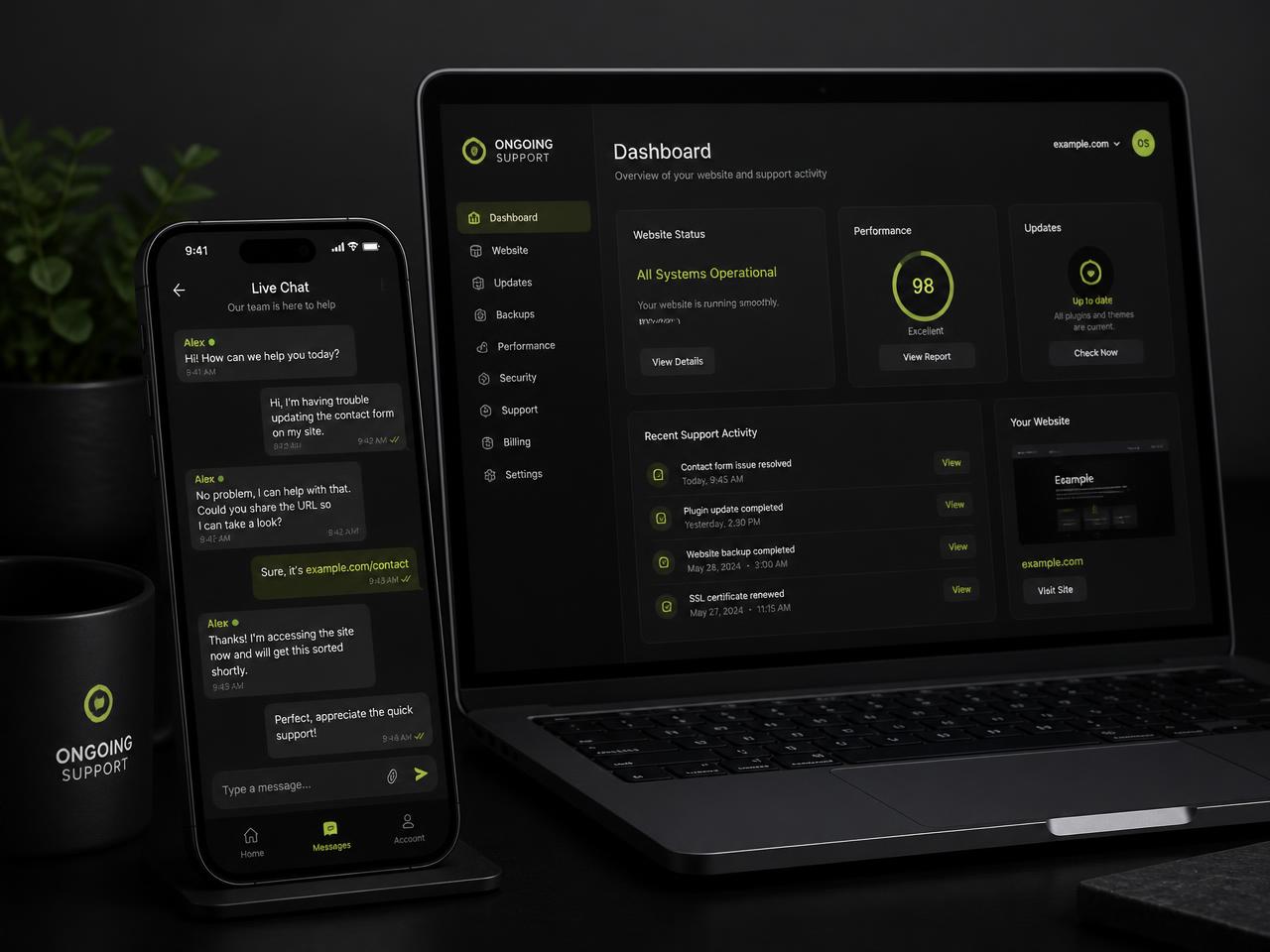 Website support dashboard on a laptop with a live chat conversation on a phone