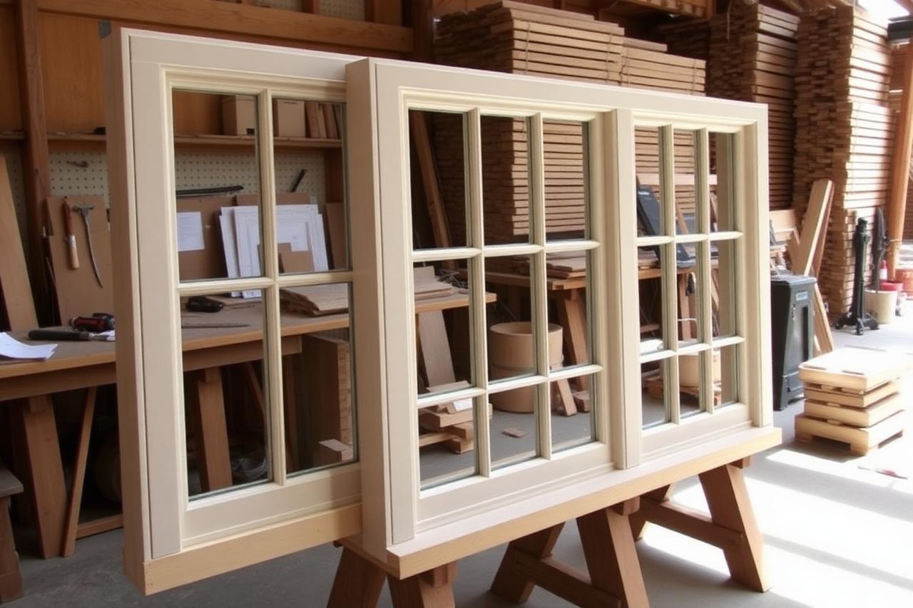 Newly made timber sash windows primed and standing on trestles in a joinery workshop with stacked timber behind.