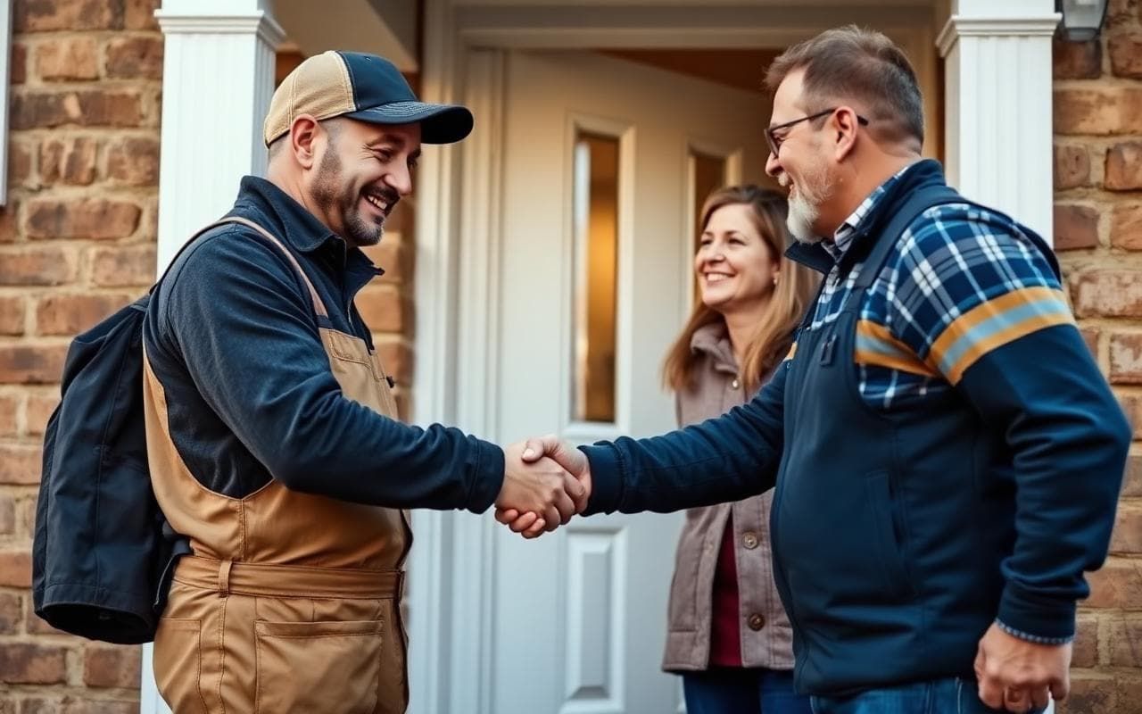UK tradesman shaking hands with a smiling homeowner couple on the doorstep of a British home after finishing a job.