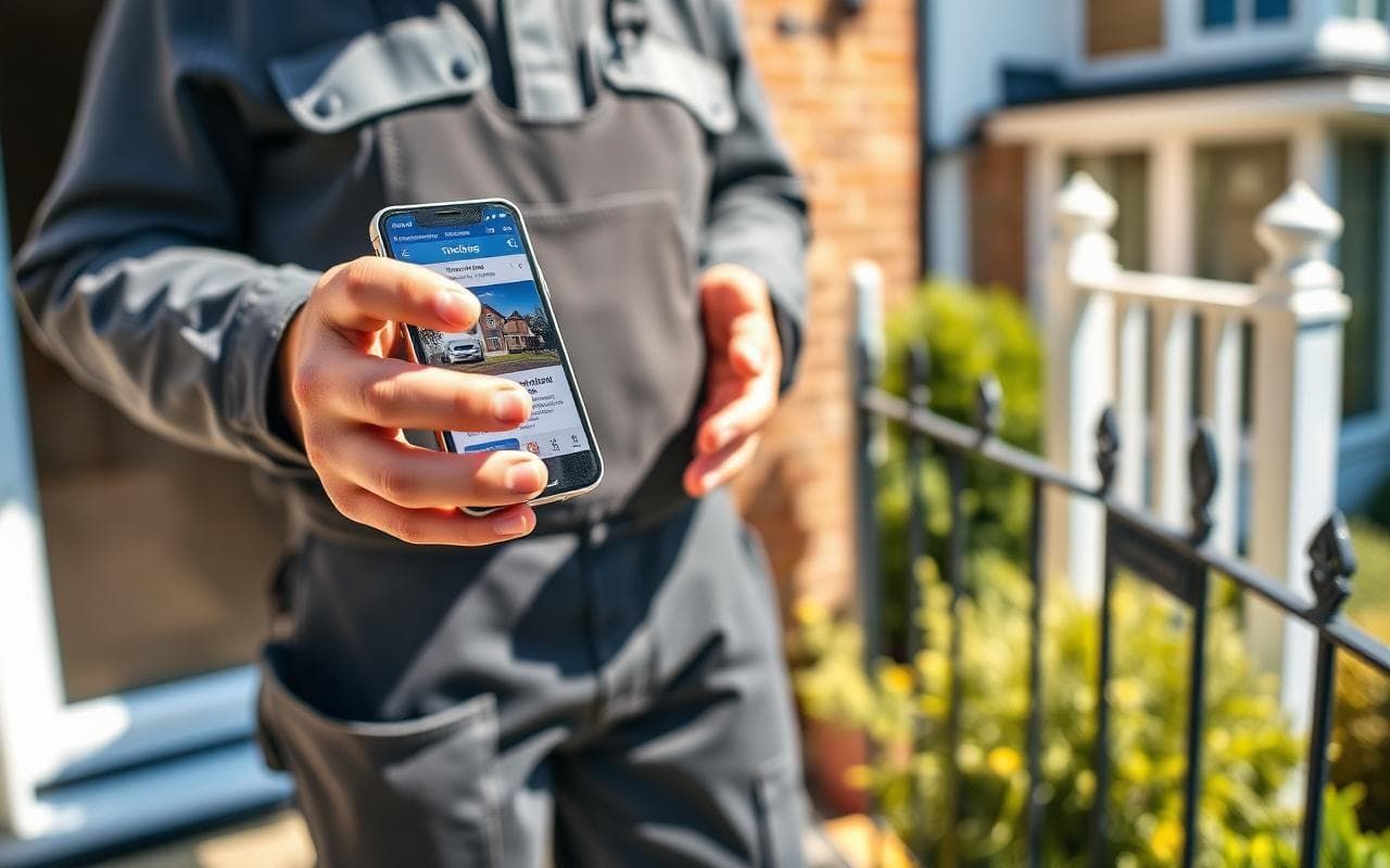 UK tradesman in workwear holding a smartphone showing a local trade company website on a residential doorstep.