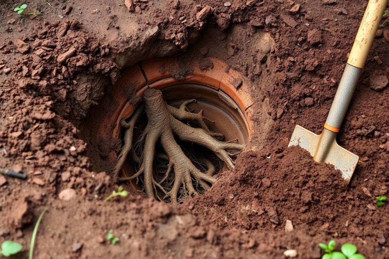 Tree root ingress inside a cracked underground clay drainage pipe exposed in an excavated trench.