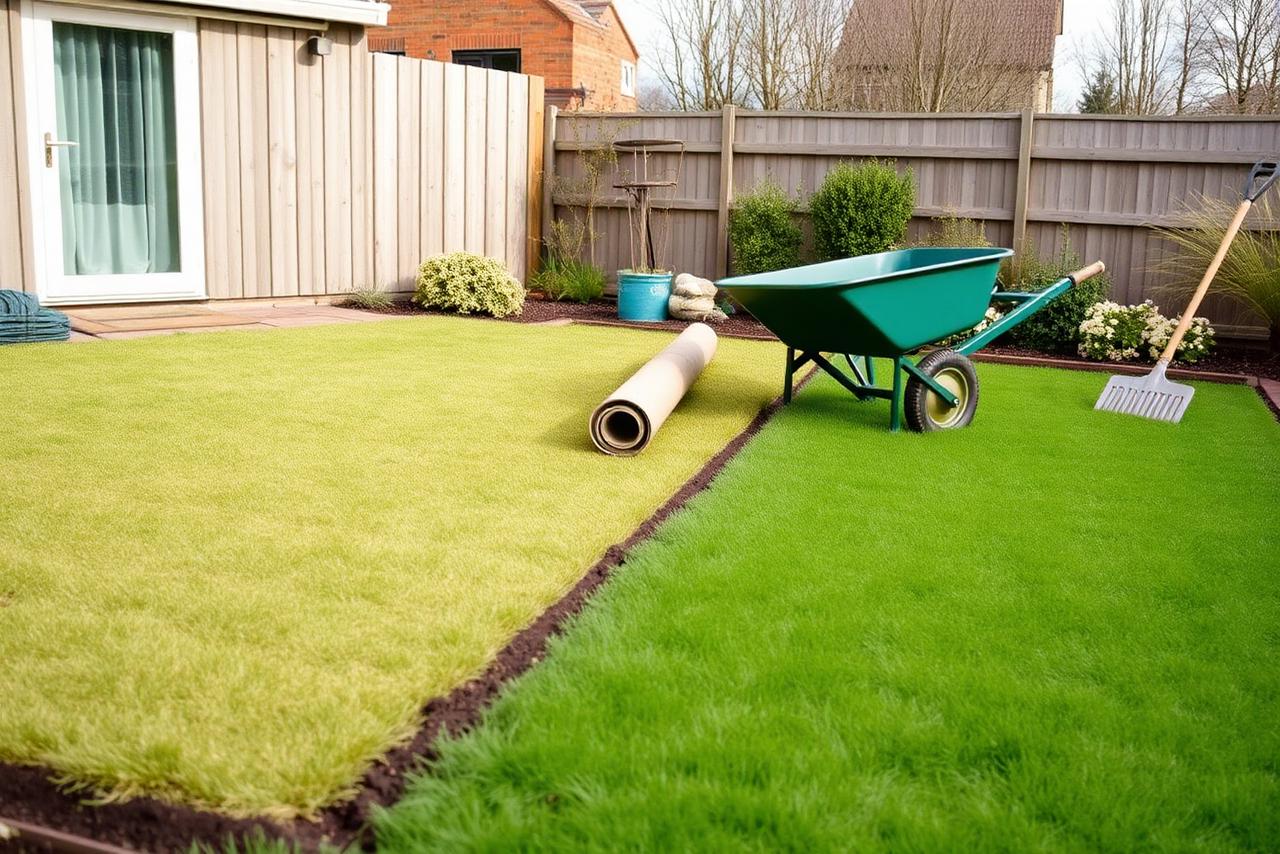 Half-completed new lawn in a UK back garden with fresh turf rolls laid over prepared soil, a wheelbarrow and rake beside the edge.
