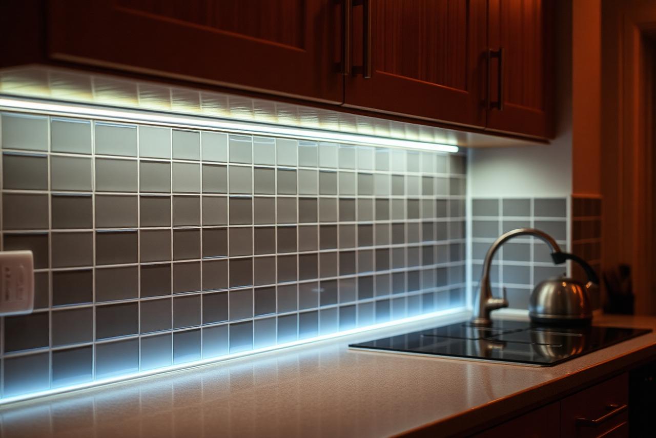 Warm under-cabinet LED strip lighting glowing over a kitchen worktop and tiled splashback at dusk.