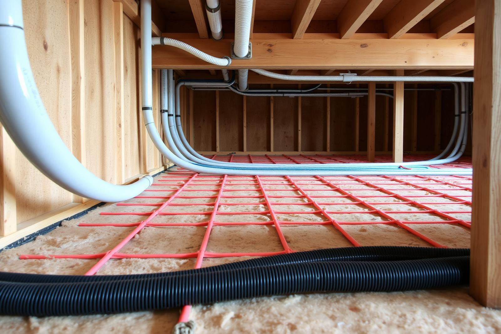 Underfloor heating pipework clipped in neat loops over insulation boards ready for screed in a UK extension.