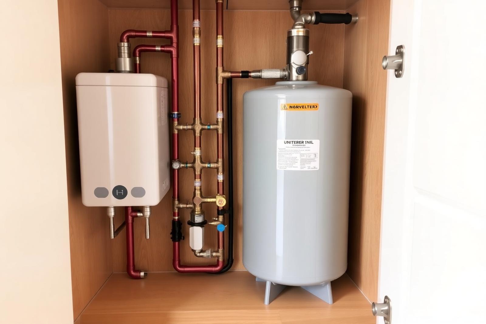 Unvented hot water cylinder and heating manifold neatly installed with labelled valves and insulated pipework in a UK utility cupboard.