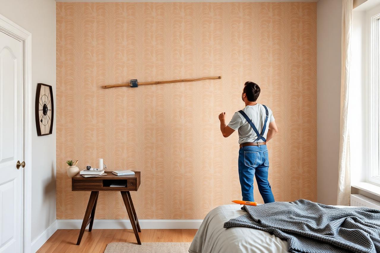 Decorator hanging a patterned feature wallpaper drop and smoothing it into place in a bedroom.