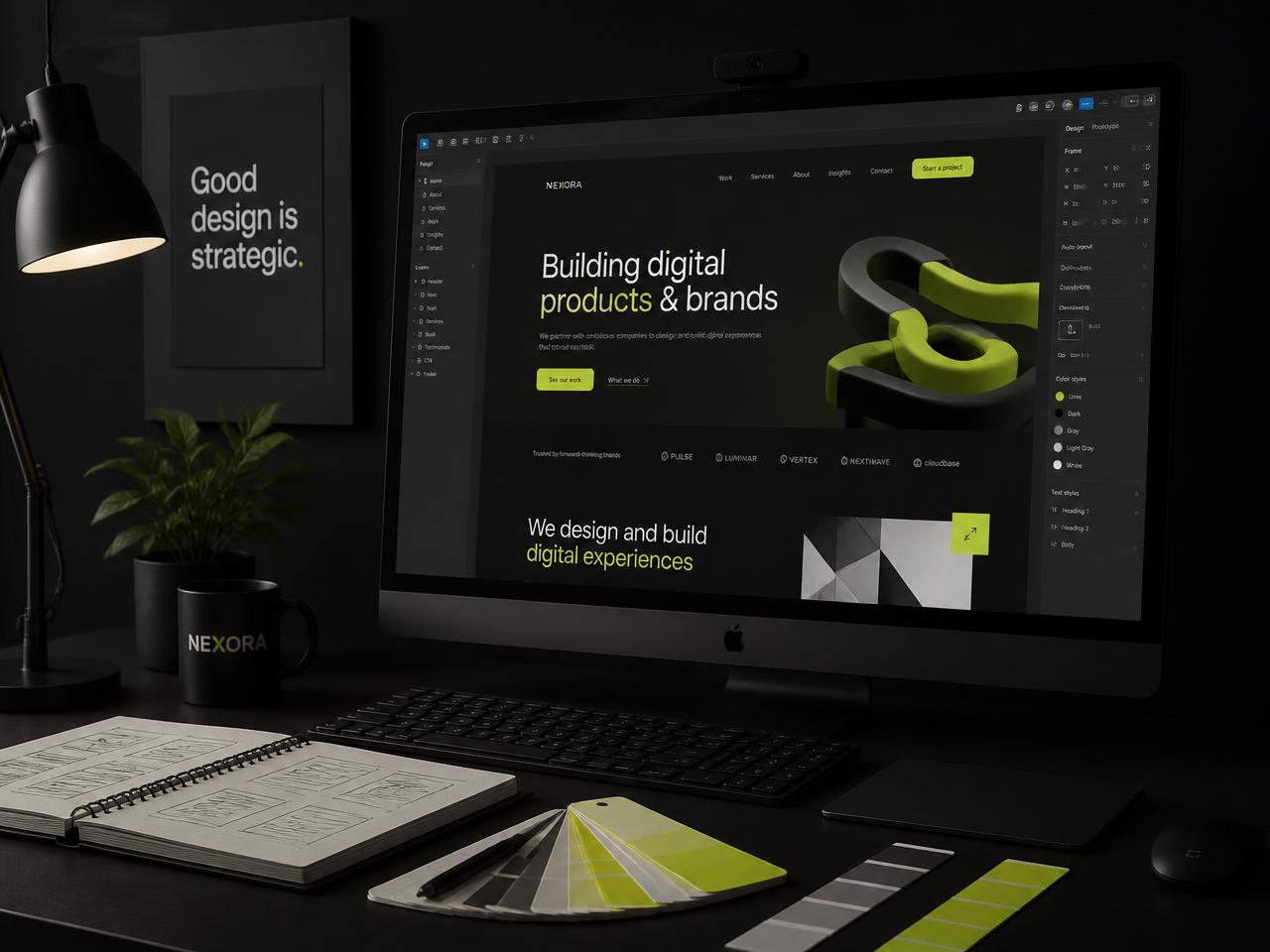 Designer's workspace with a website design on screen, wireframe sketchbook and colour swatches