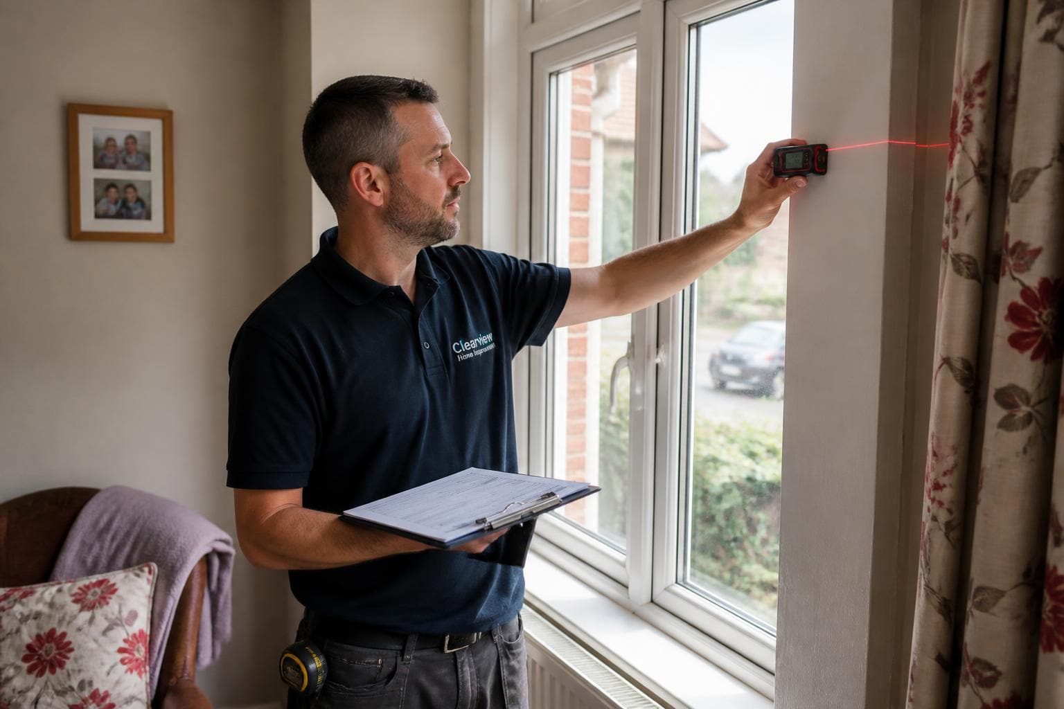 Window installer using a laser measure and clipboard to survey a window opening inside a UK home.